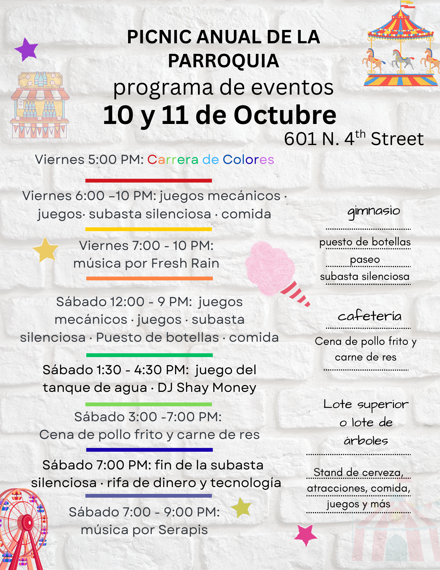 Horario del Picnic Parroquial con una foto de las carpas del picnic del año pasado, una rueda de la fortuna y mucha gente.